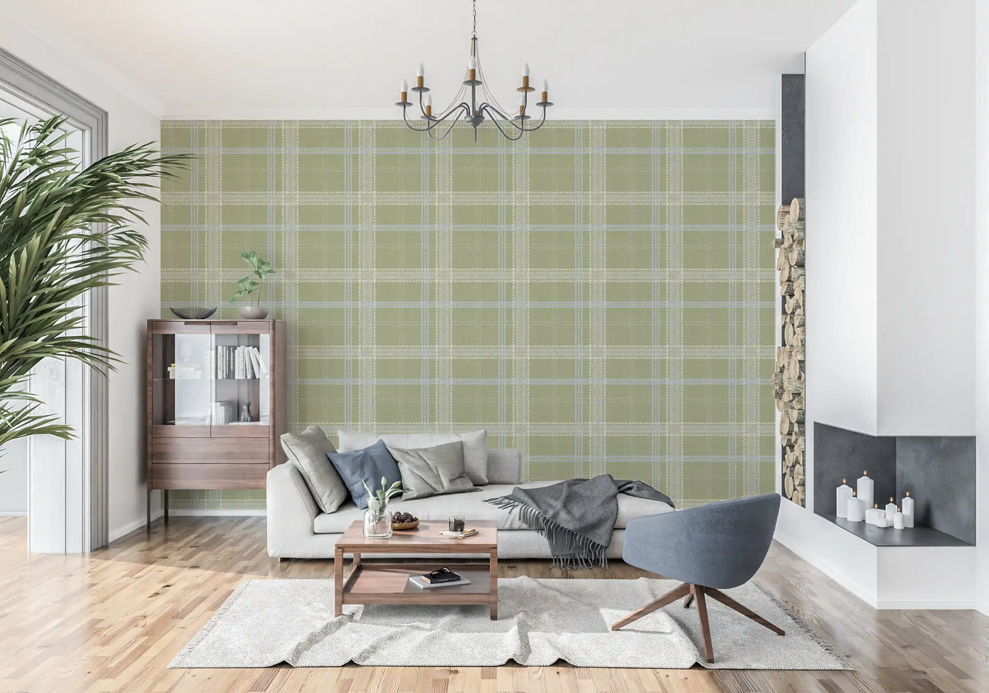 Heritage Plaid - Windowpane Tartan Check Linen - Meadow Green & Chalk Wallpaper⁠