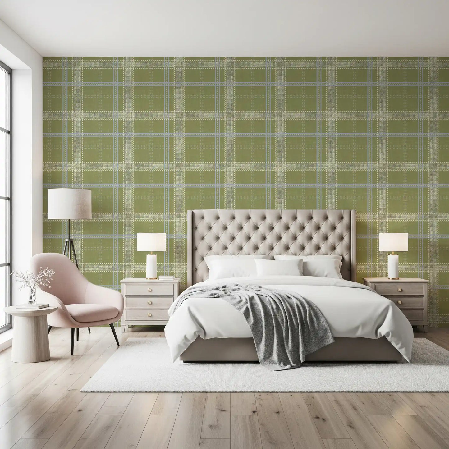 Heritage Plaid - Windowpane Tartan Check Linen - Meadow Green & Chalk Wallpaper⁠