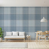 Heritage Plaid - Tartan Checkerboard Block Linen - French & Denim Blue Wallpaper⁠