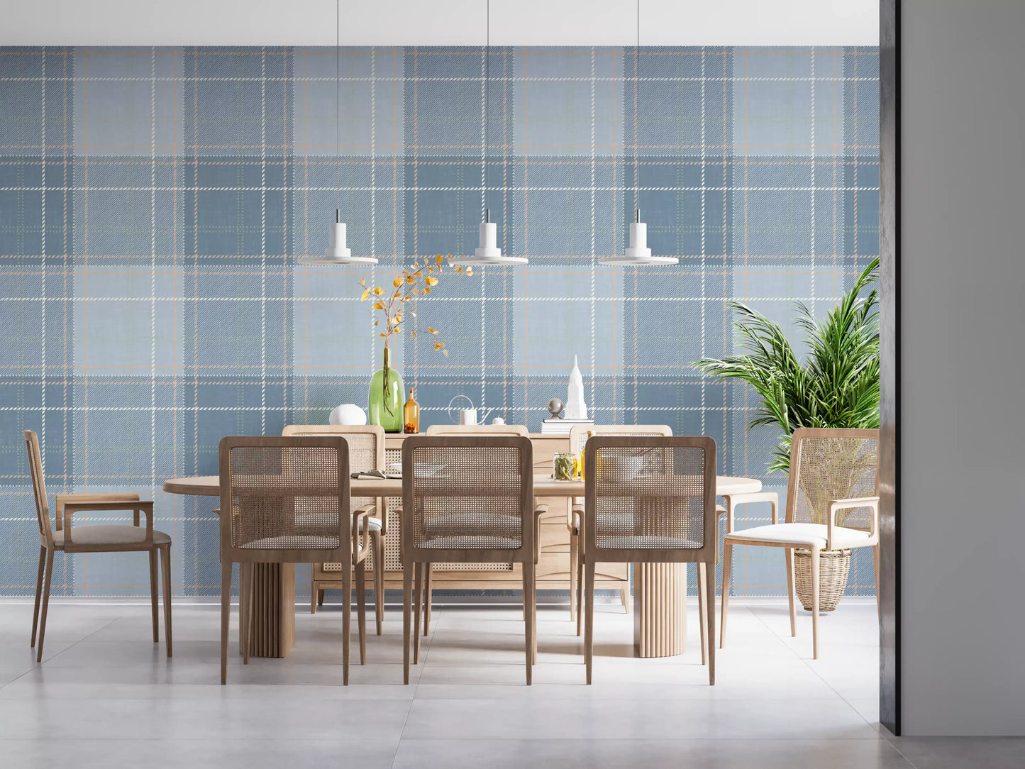 Heritage Plaid - Tartan Checkerboard Block Linen - French & Denim Blue Wallpaper⁠