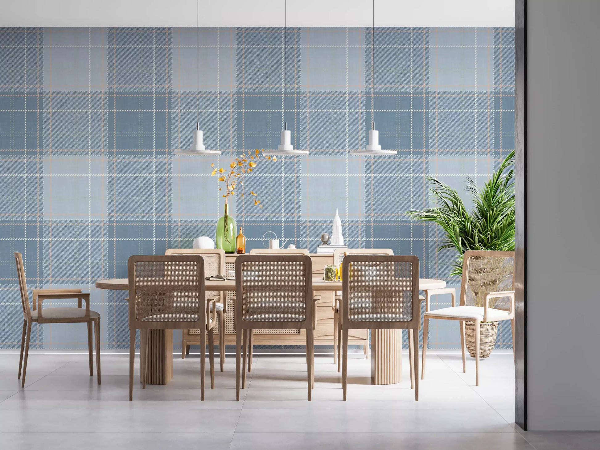 Heritage Plaid - Tartan Checkerboard Block Linen - French & Denim Blue Wallpaper⁠