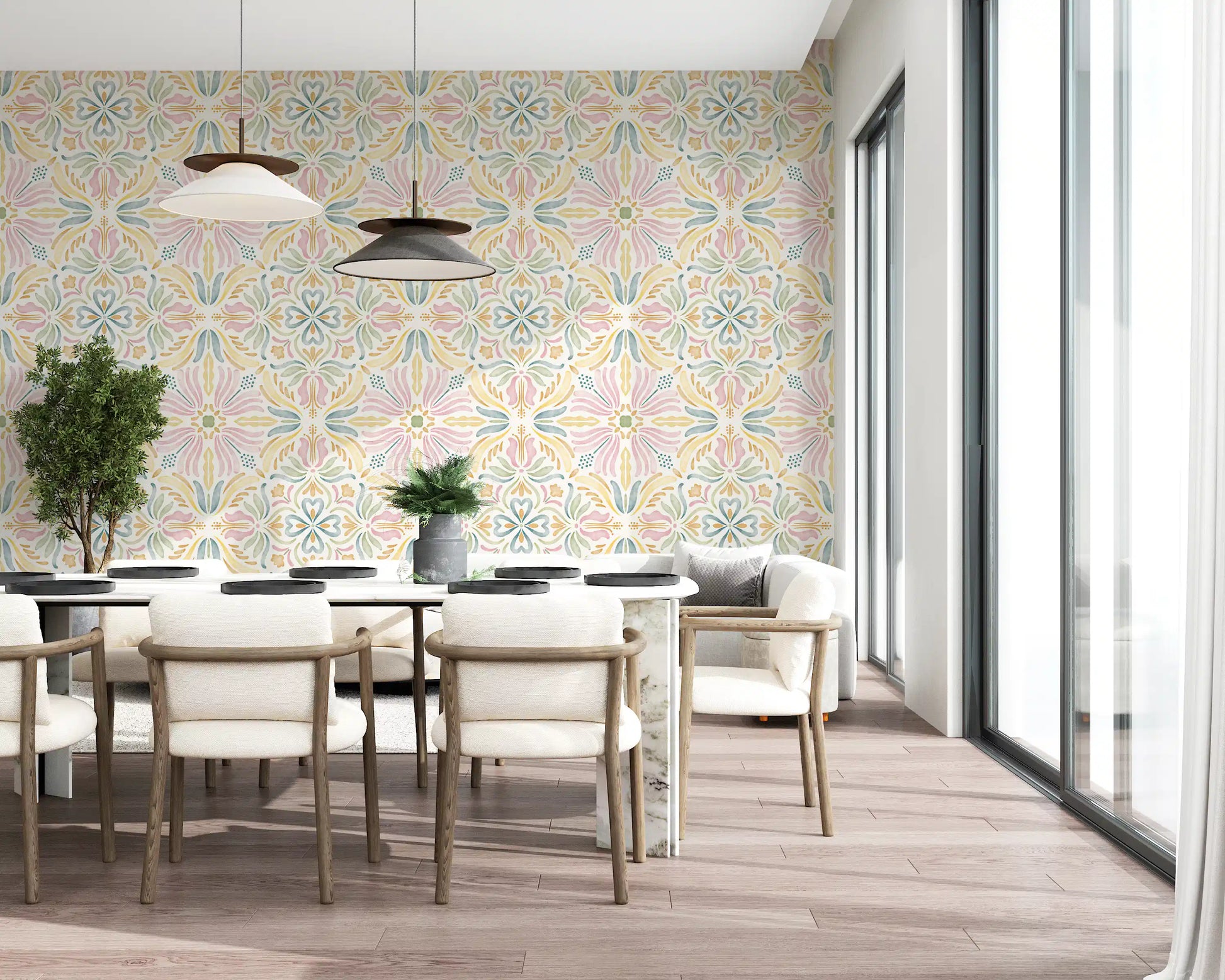 Pastel Mediterranean Garden Tile Wallpaper⁠