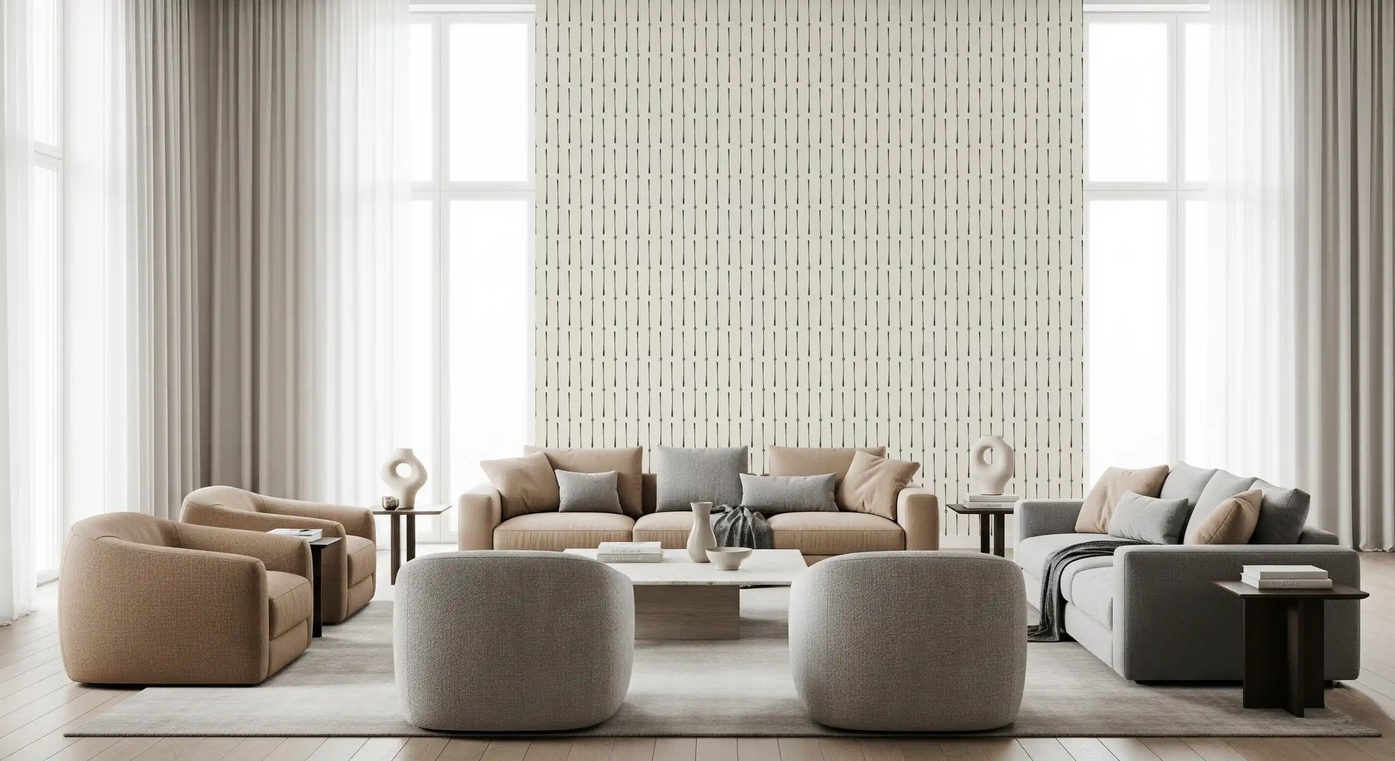 Linear stroke wallpaper in a living room with beige and grey sofas GD12770