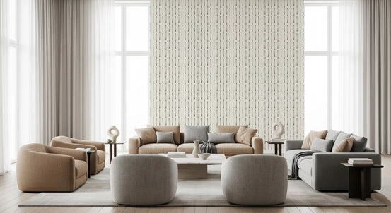 Linear stroke wallpaper in a living room with beige and grey sofas GD12770