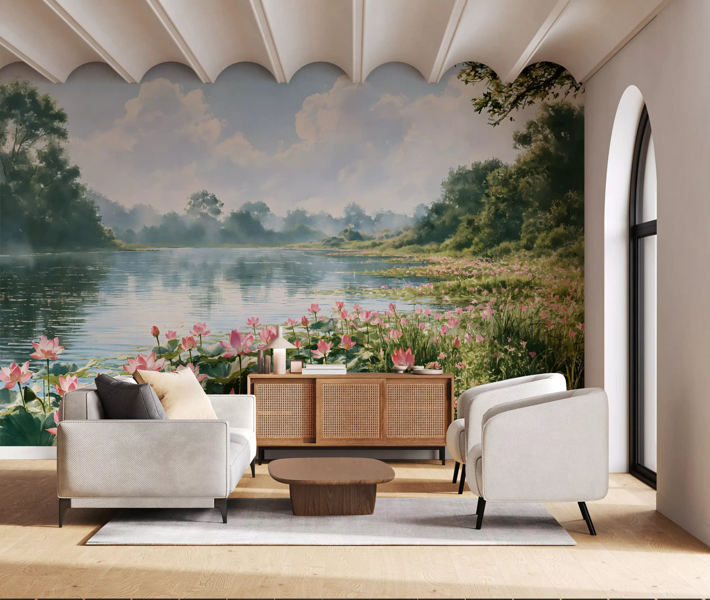 Pink Lotus Pond Landscape Wall Mural