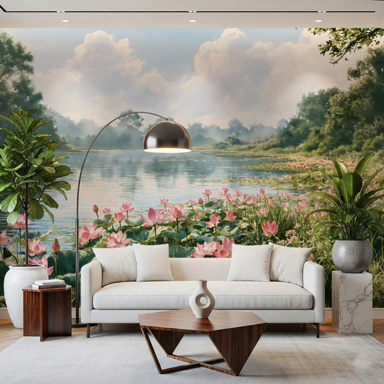 Pink lotus pond landscape mural close-up with blooming lotus flowers on a calm lake GD12772