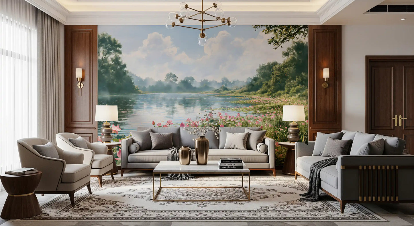 Pink Lotus Pond Landscape Wall Mural