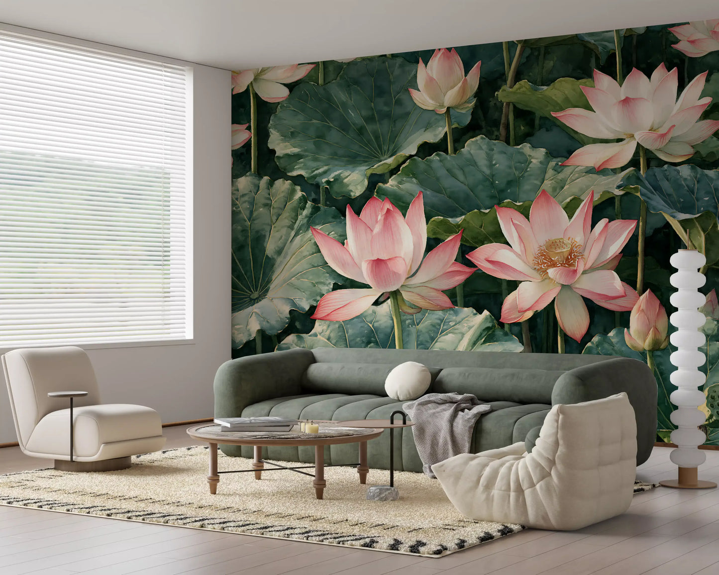 Serene Lotus Pond Botanical Illustration Wall Mural