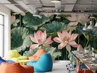 Serene Lotus Pond Botanical Illustration Wall Mural