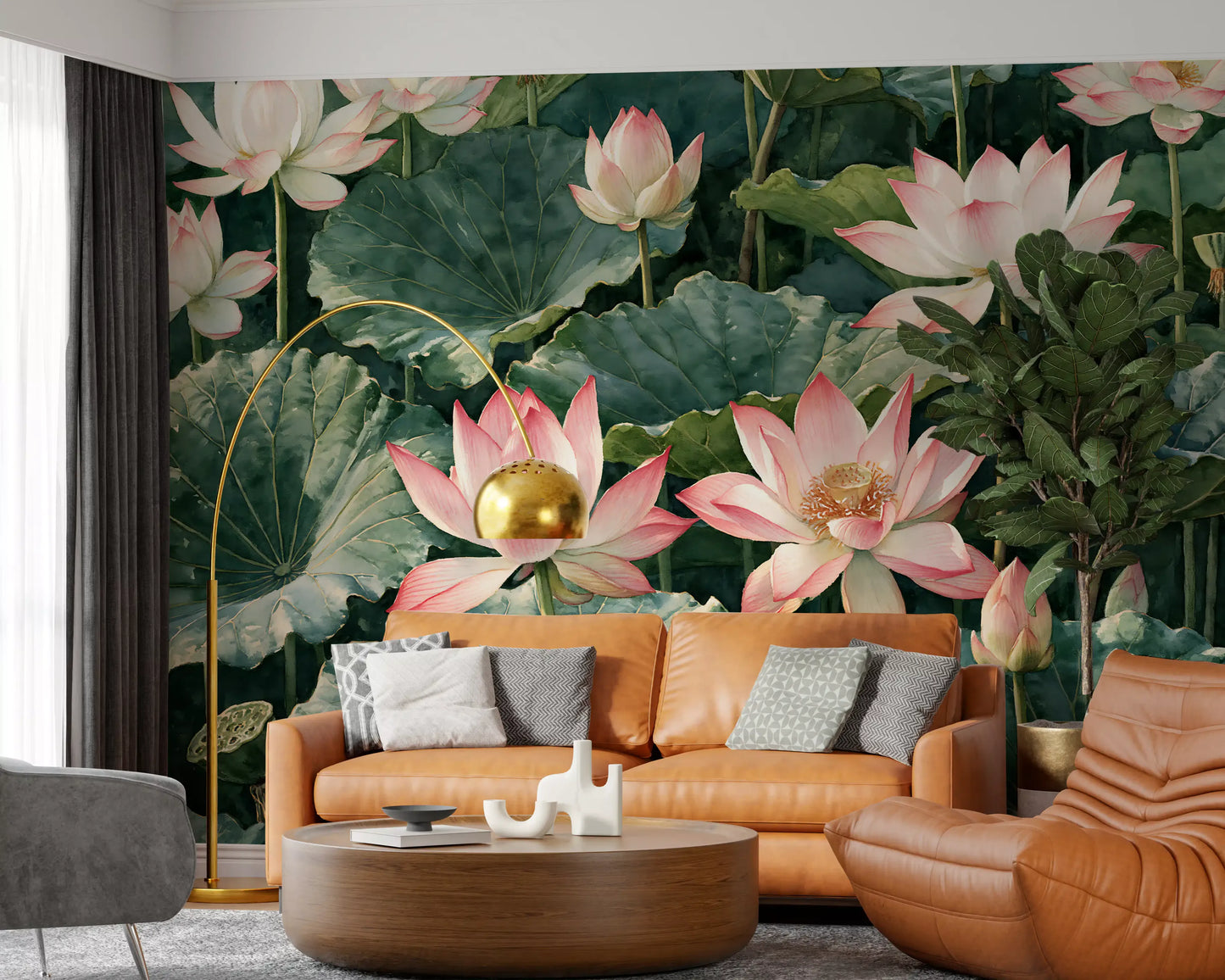 Serene Lotus Pond Botanical Illustration Wall Mural