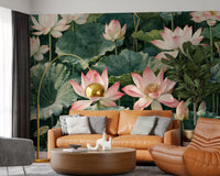 Serene Lotus Pond Botanical Illustration Wall Mural