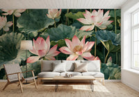 Serene Lotus Pond Botanical Illustration Wall Mural