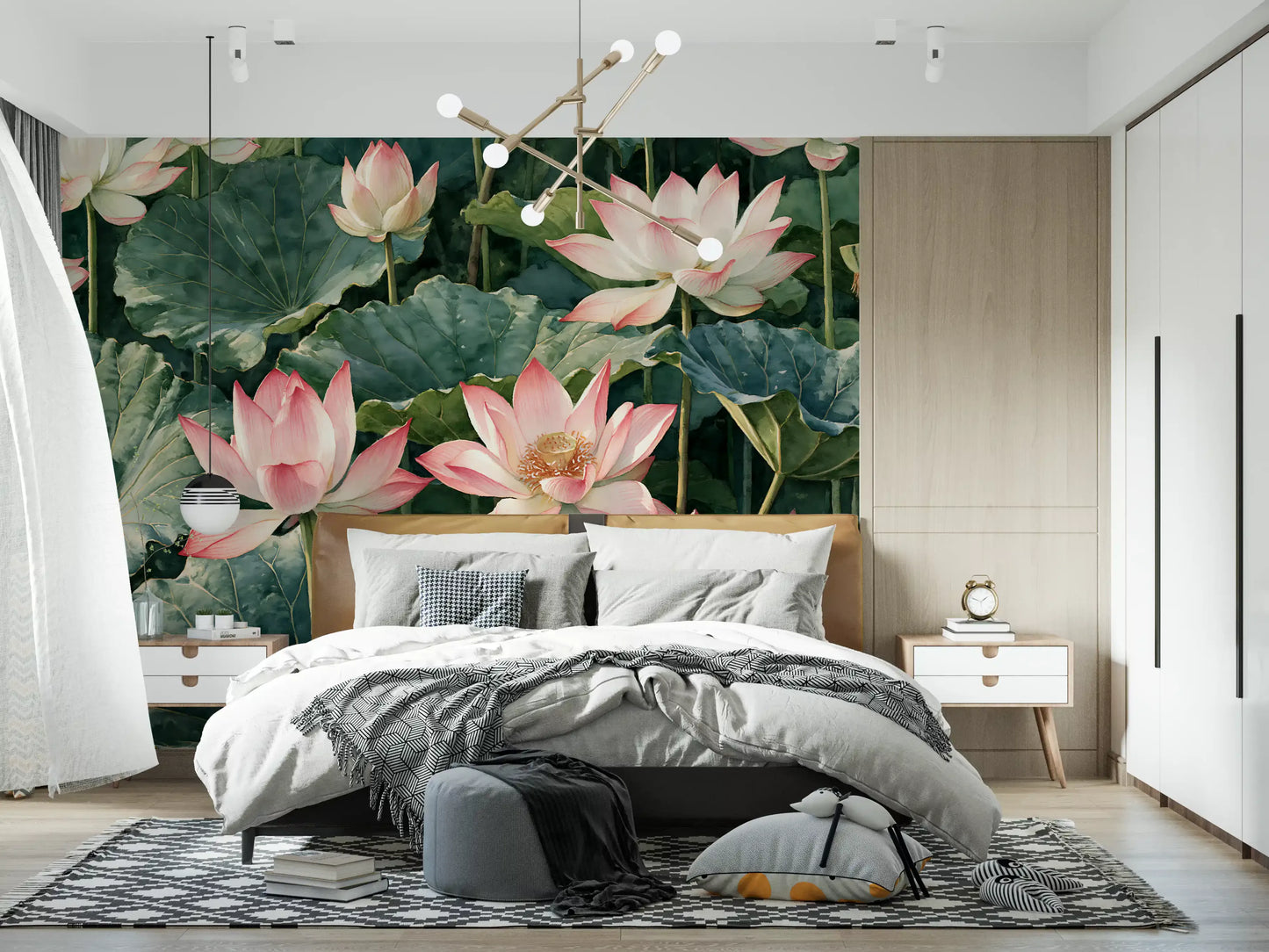 Serene Lotus Pond Botanical Illustration Wall Mural