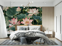 Serene Lotus Pond Botanical Illustration Wall Mural