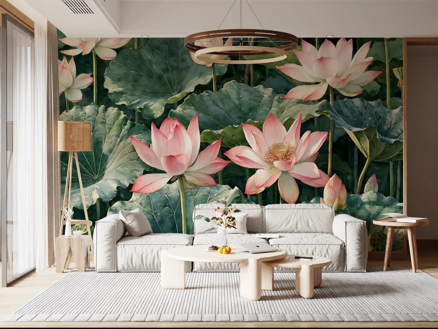 Serene Lotus Pond Botanical Illustration Wall Mural