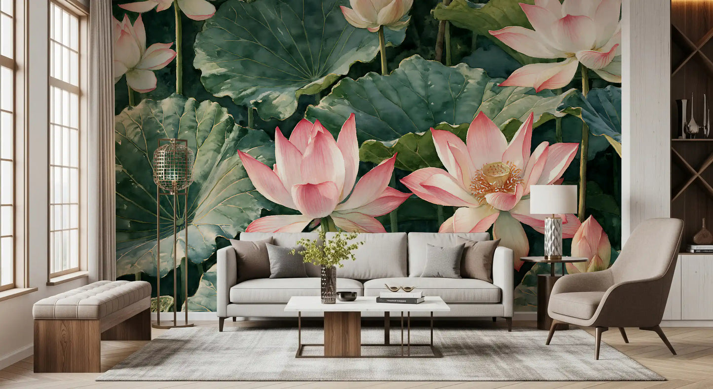 Serene Lotus Pond Botanical Illustration Wall Mural