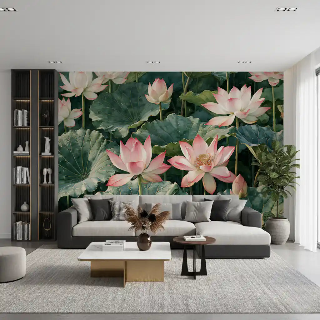 Serene Lotus Pond Botanical Illustration Wall Mural