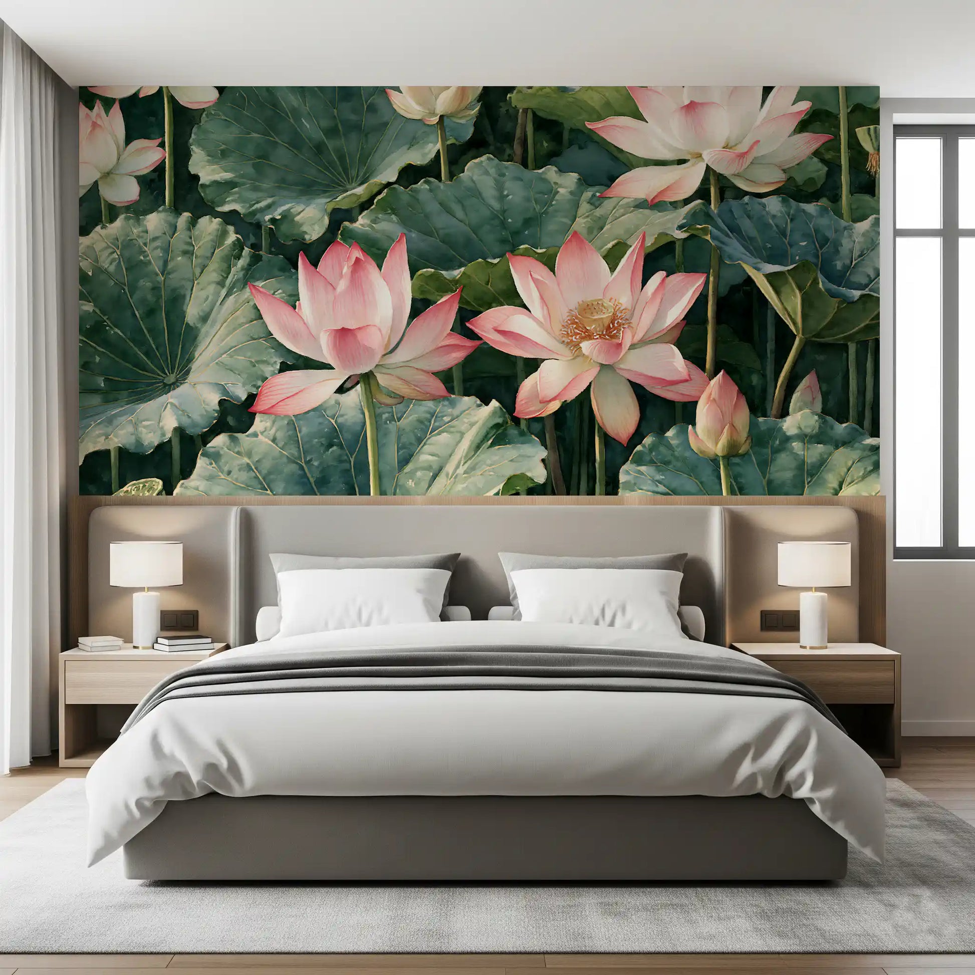 Serene Lotus Pond Botanical Illustration Wall Mural
