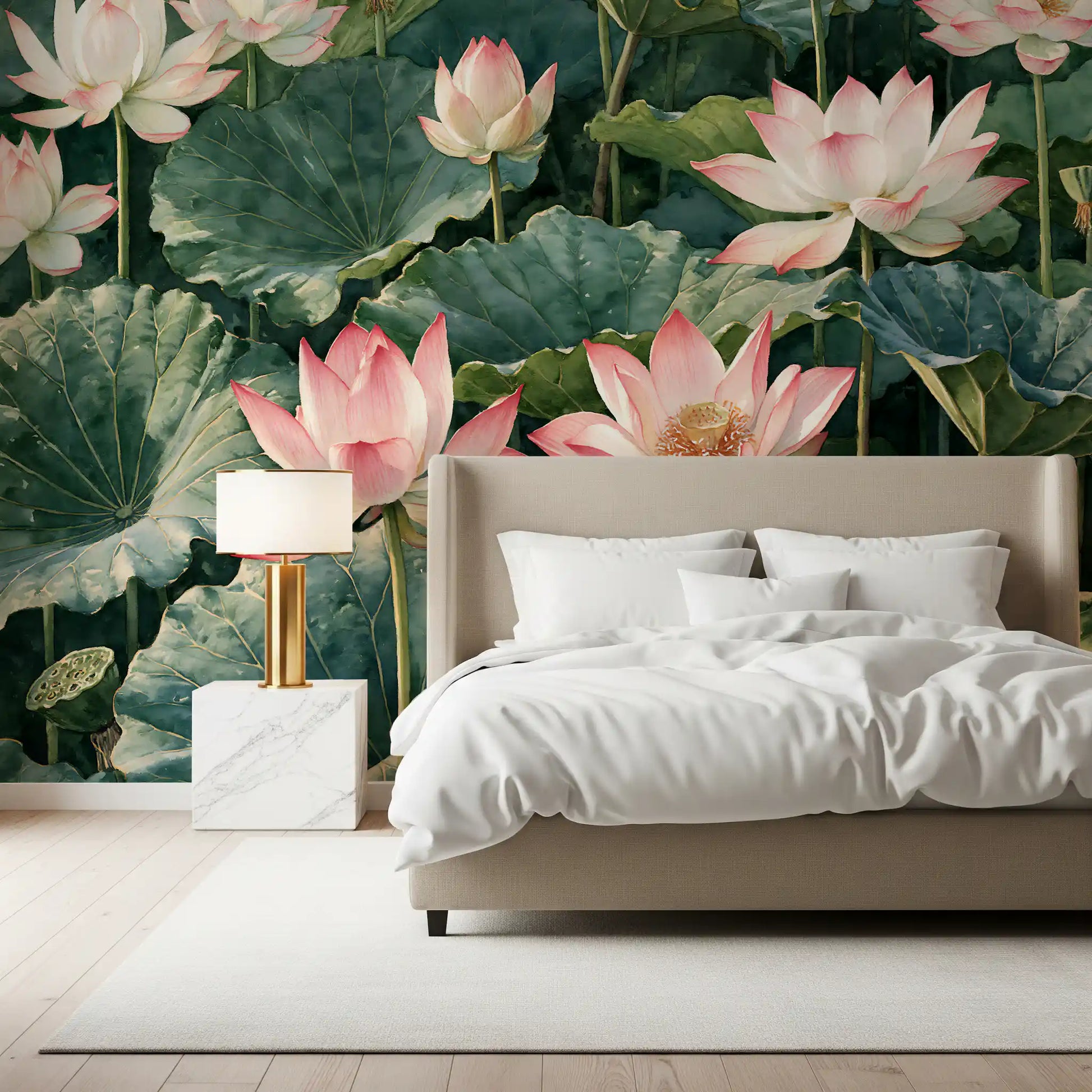 Serene Lotus Pond Botanical Illustration Wall Mural