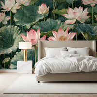 Serene Lotus Pond Botanical Illustration Wall Mural