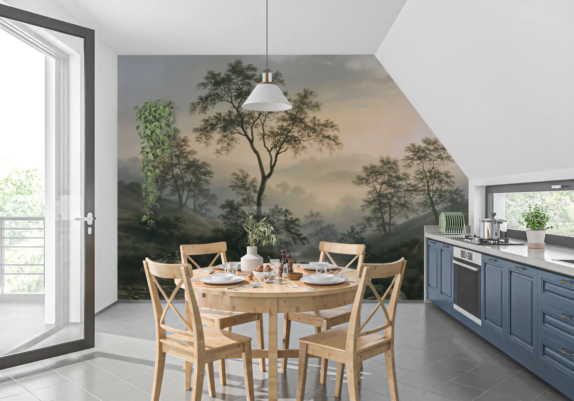 Misty River Valley Landscape Wall Mural