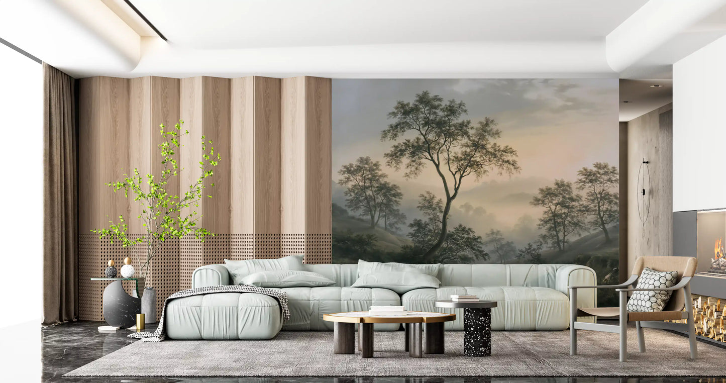 Misty River Valley Landscape Wall Mural