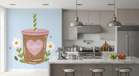 Iced Coffee Heart Floral Illustration Wall Mural