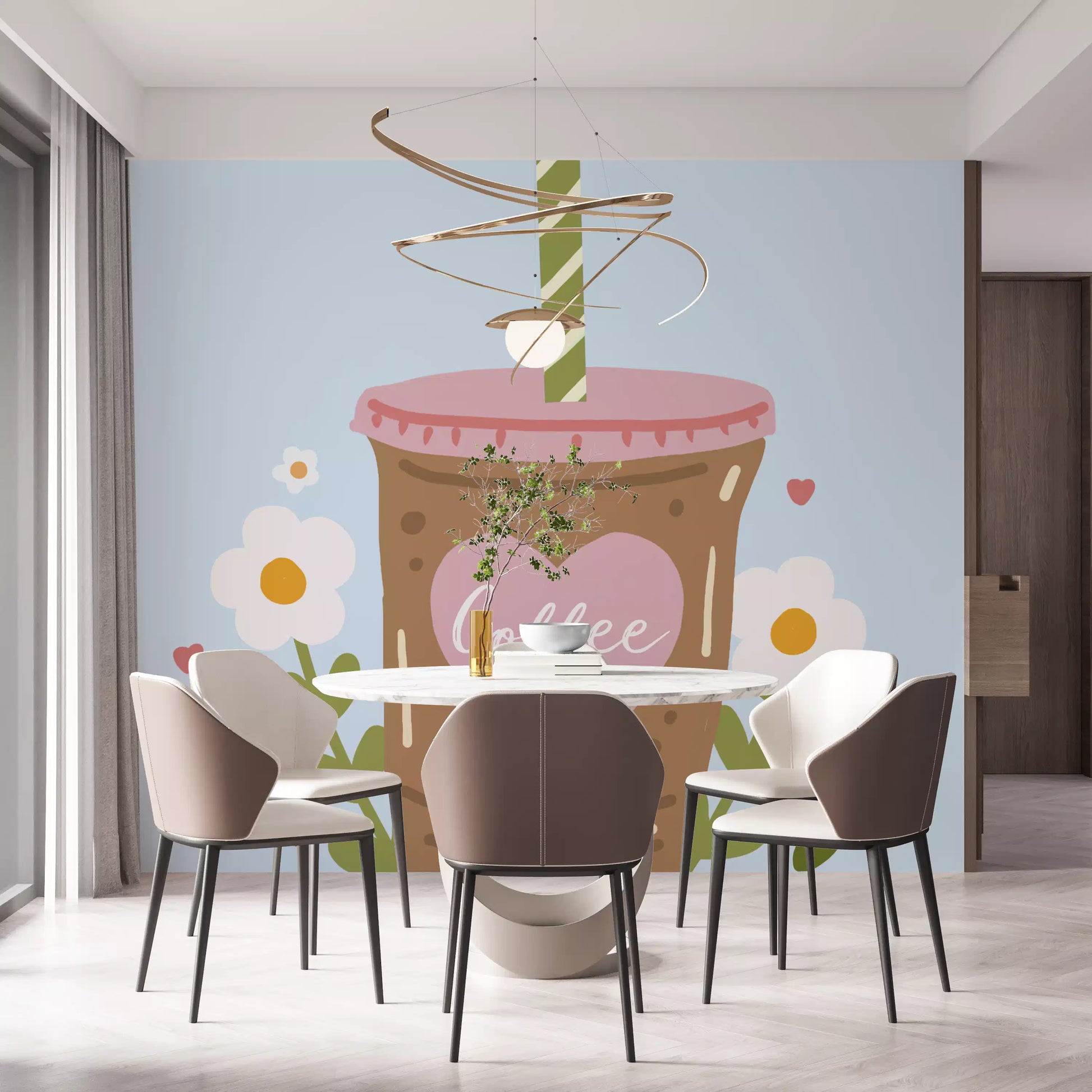 Iced Coffee Heart Floral Illustration Wall Mural