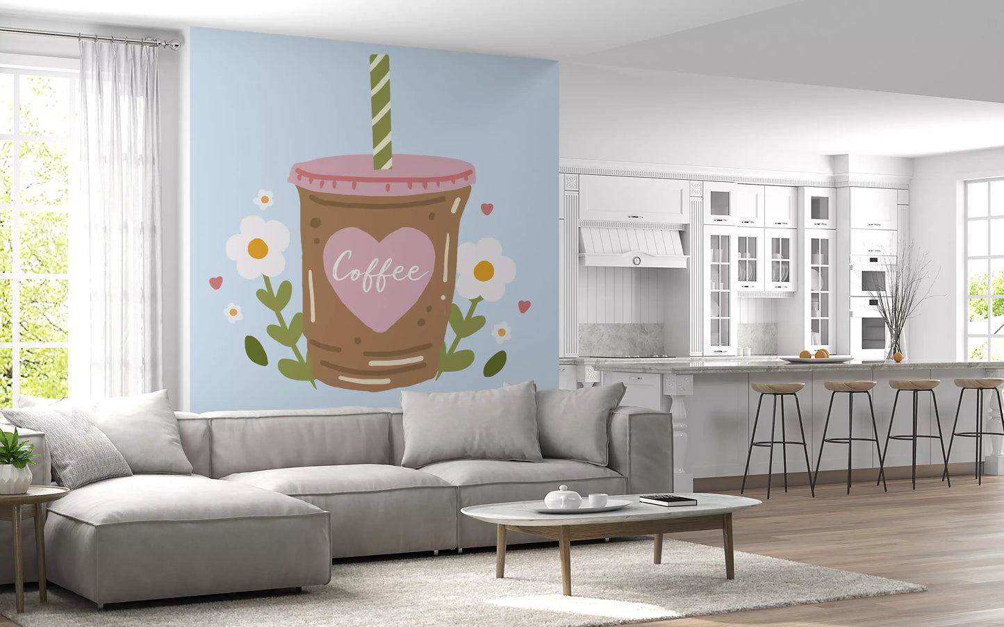 Iced Coffee Heart Floral Illustration Wall Mural