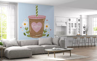 Iced Coffee Heart Floral Illustration Wall Mural