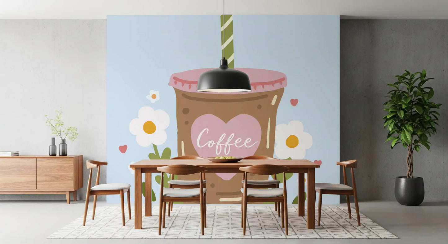 Iced Coffee Heart Floral Illustration Wall Mural