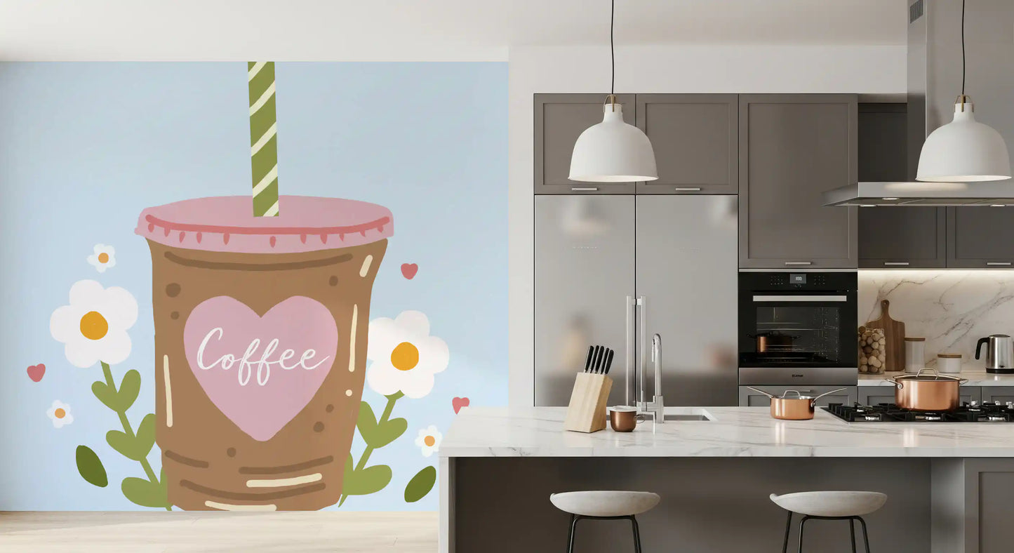 Iced Coffee Heart Floral Illustration Wall Mural