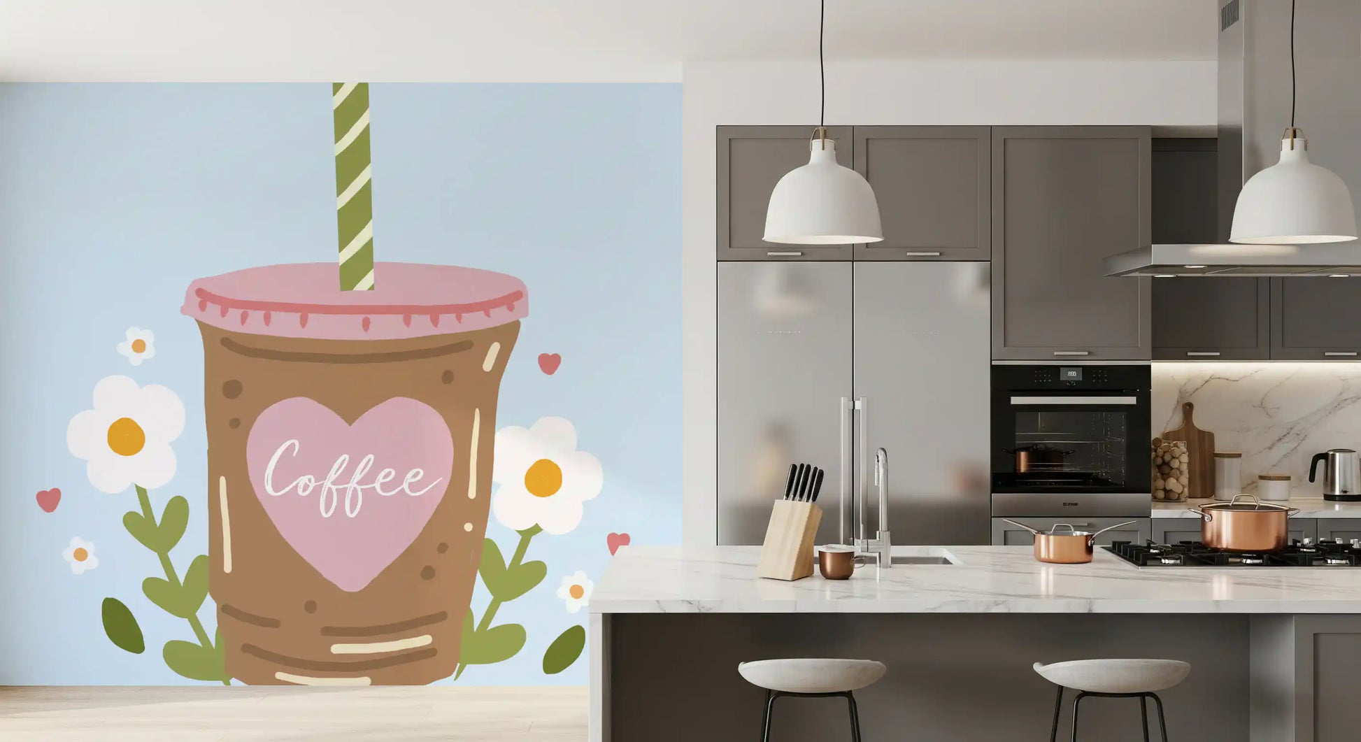 Iced Coffee Heart Floral Illustration Wall Mural