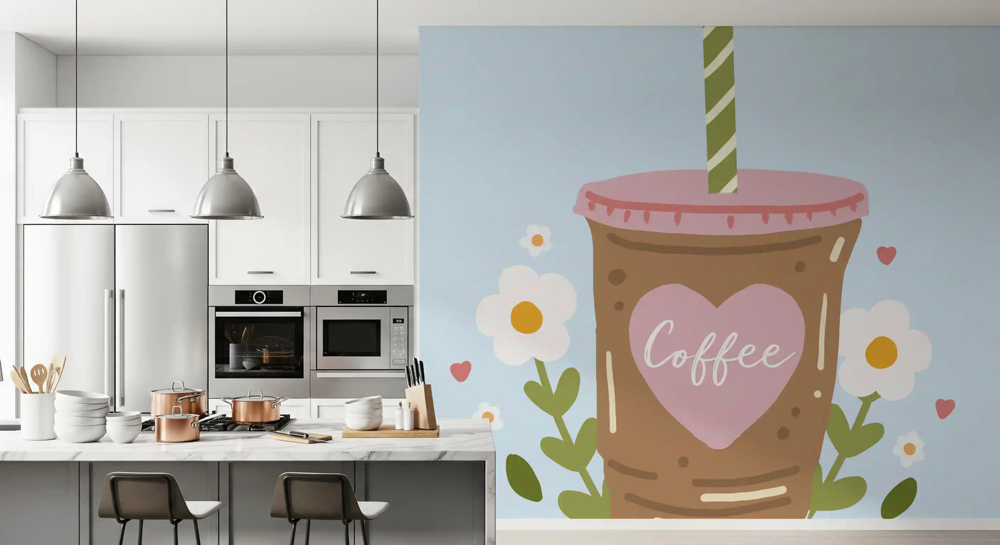 Iced Coffee Heart Floral Illustration Wall Mural