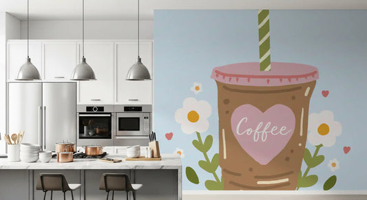 Iced Coffee Heart Floral Illustration Wall Mural
