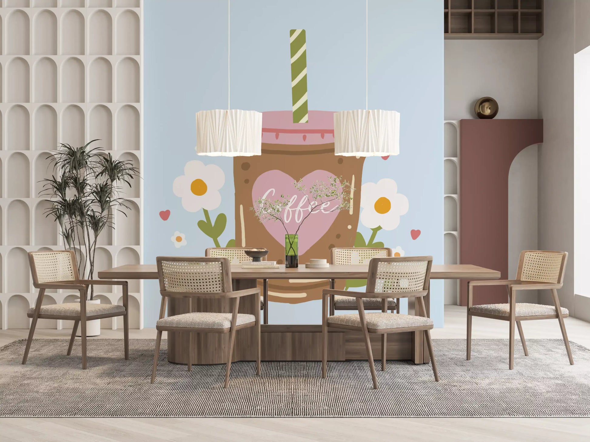Iced Coffee Heart Floral Illustration Wall Mural