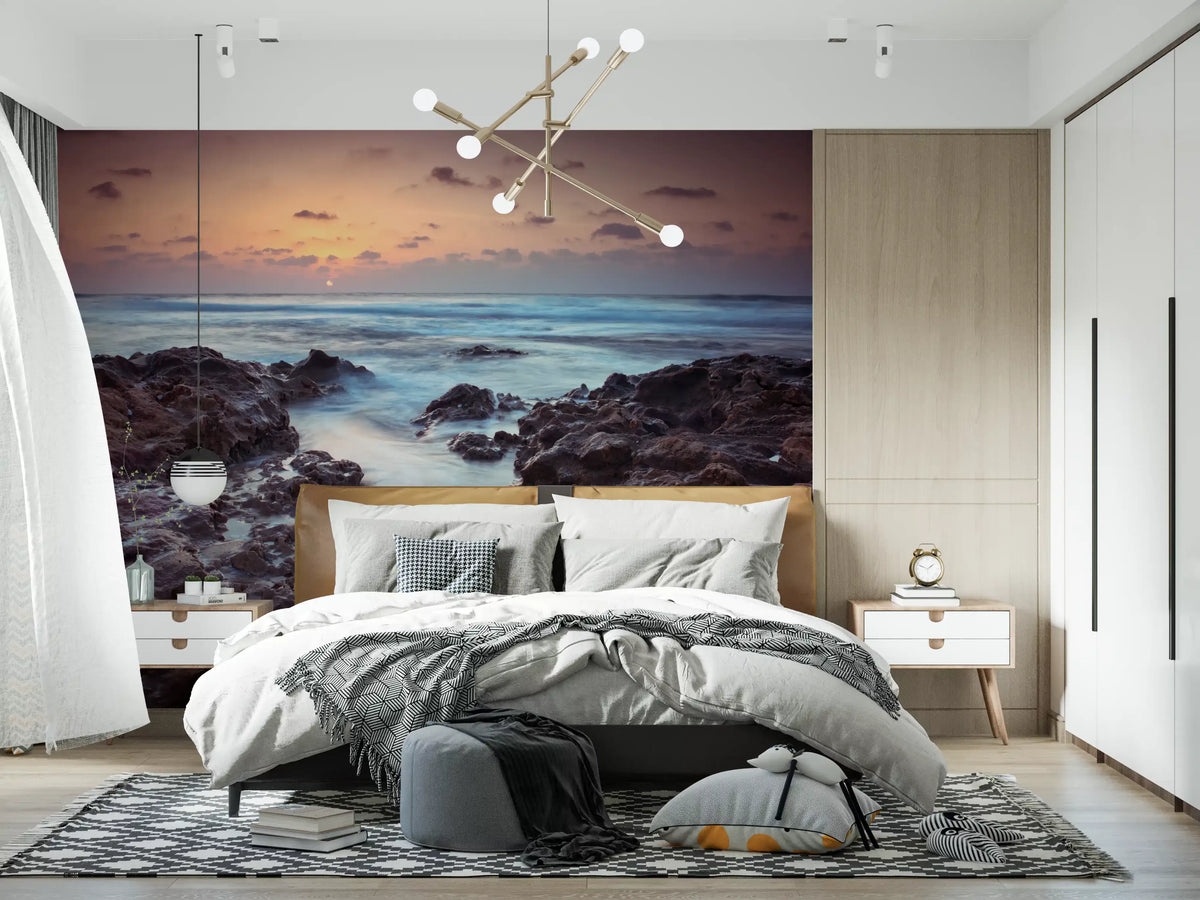 Rugged shoreline dusk mural close-up with silky sea over rocks GD12779