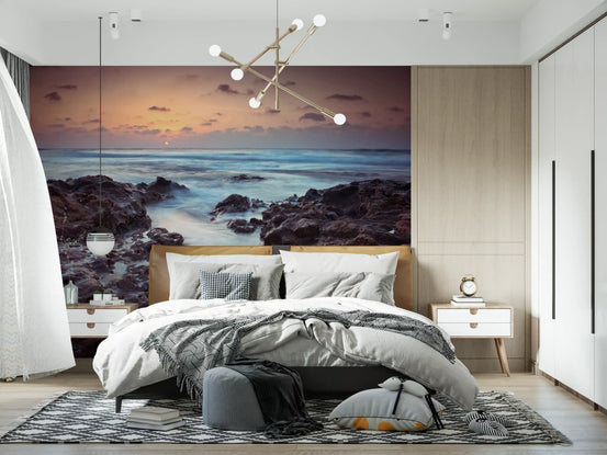 Rugged shoreline dusk mural close-up with silky sea over rocks GD12779