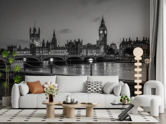 Westminster twilight cityscape mural flat view in monochrome GD12782