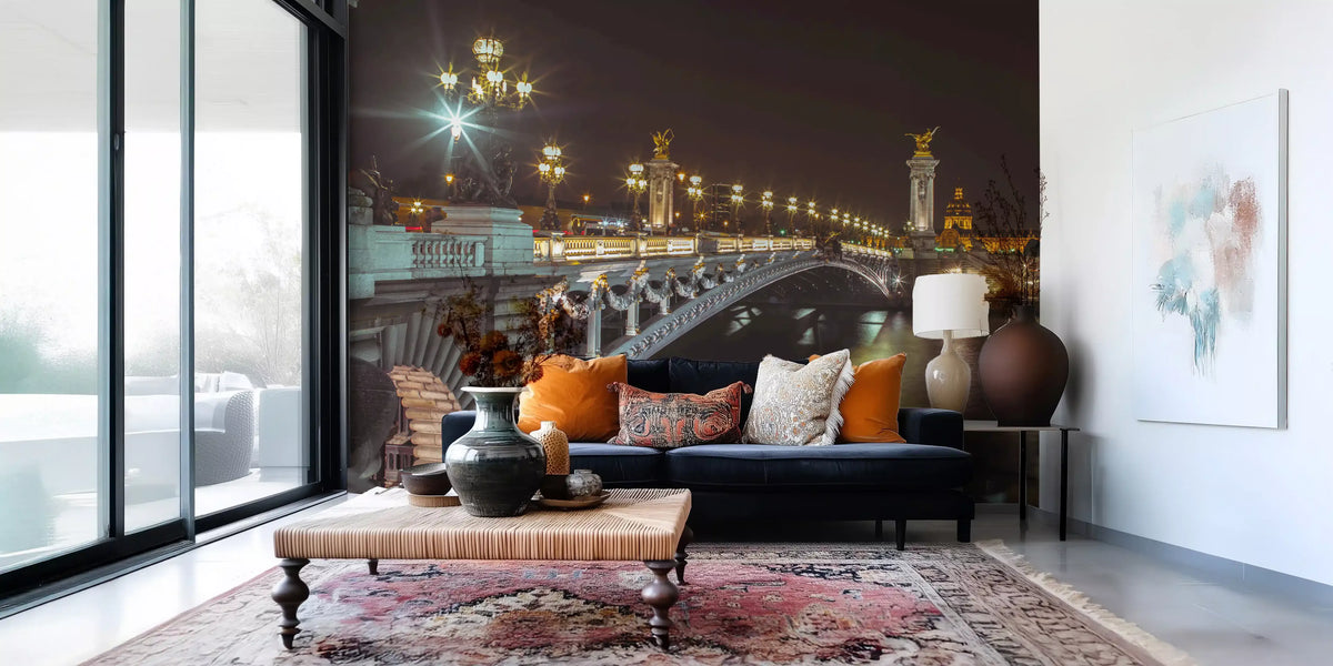 Illuminated Paris bridge night mural flat view GD12791