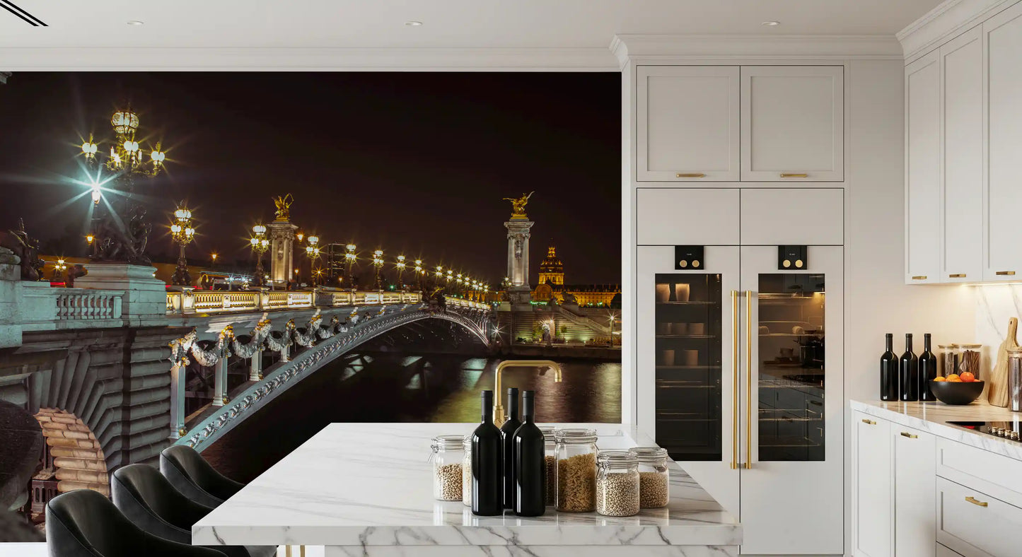 Midnight Parisian Bridge Illumination Wall Mural