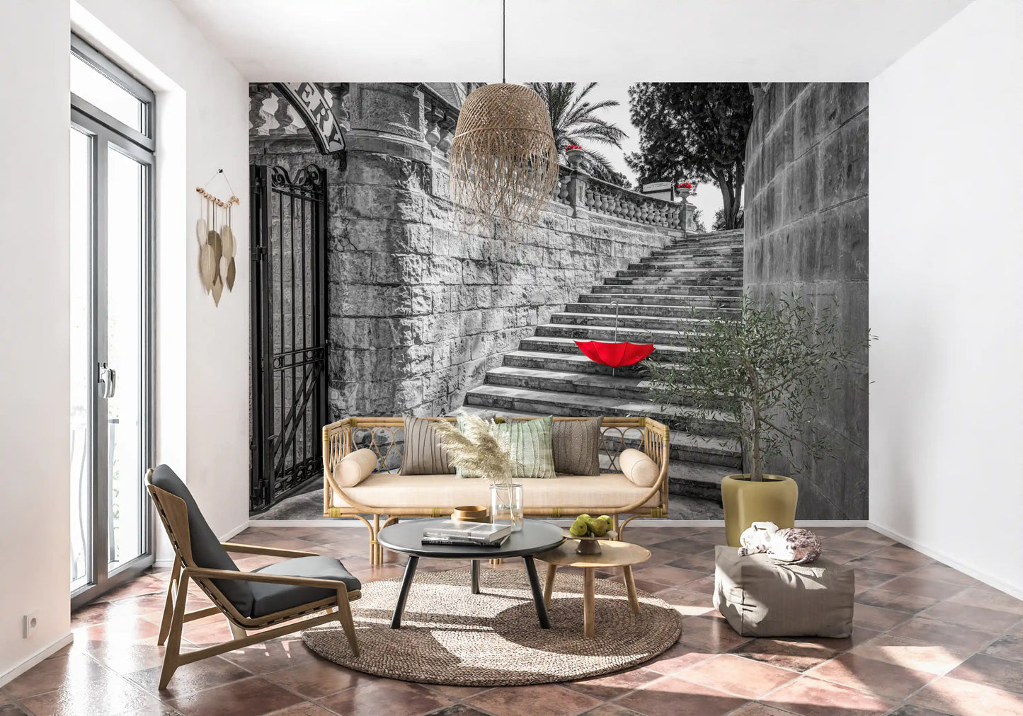 Monochromatic Staircase with Red Accents Wall Mural