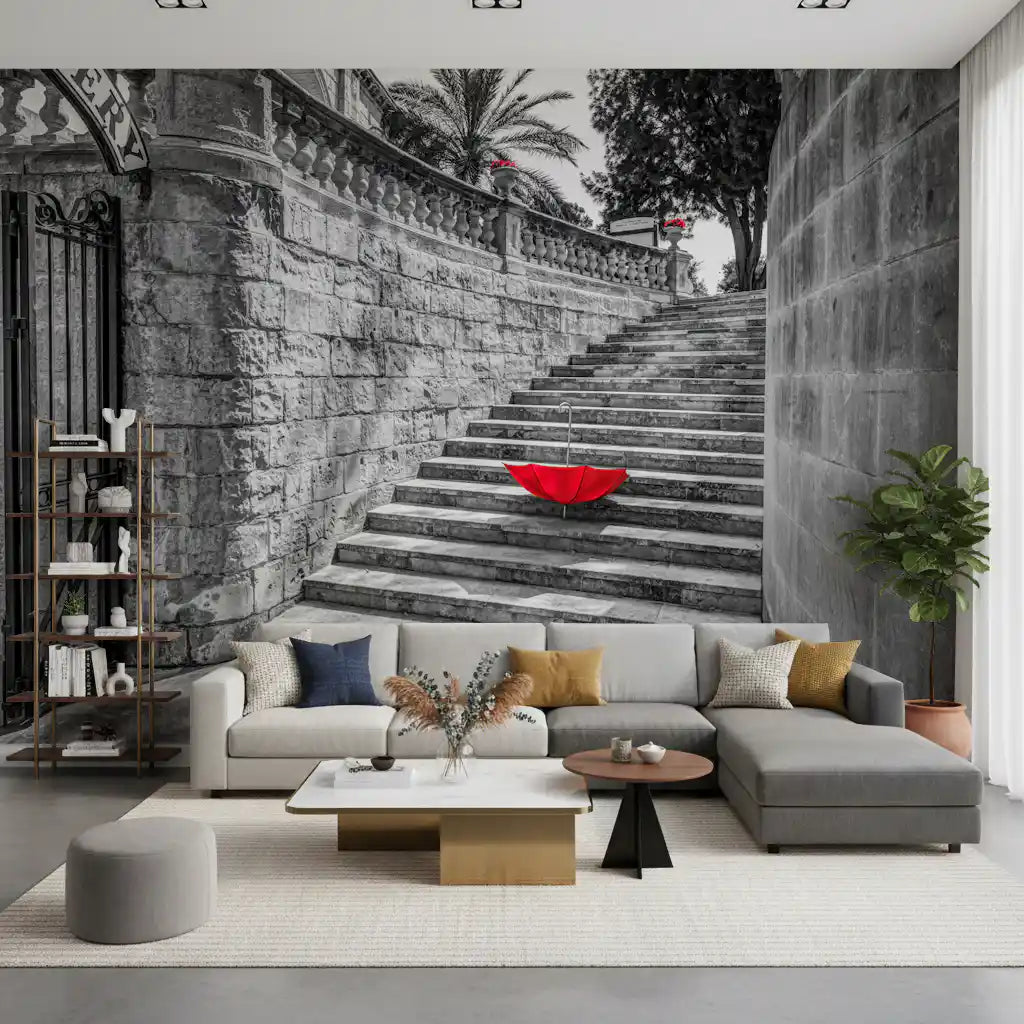 Monochromatic Staircase with Red Accents Wall Mural