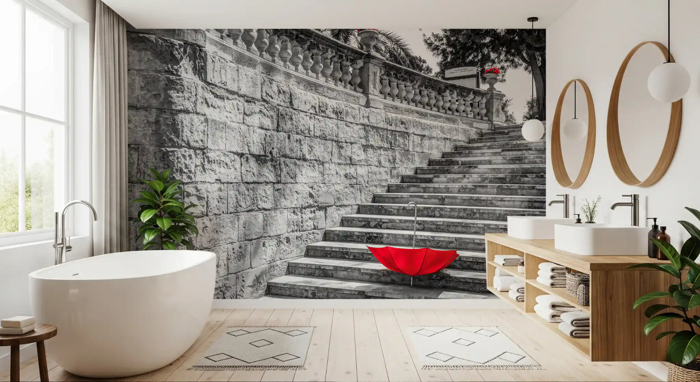 Monochromatic Staircase with Red Accents Wall Mural