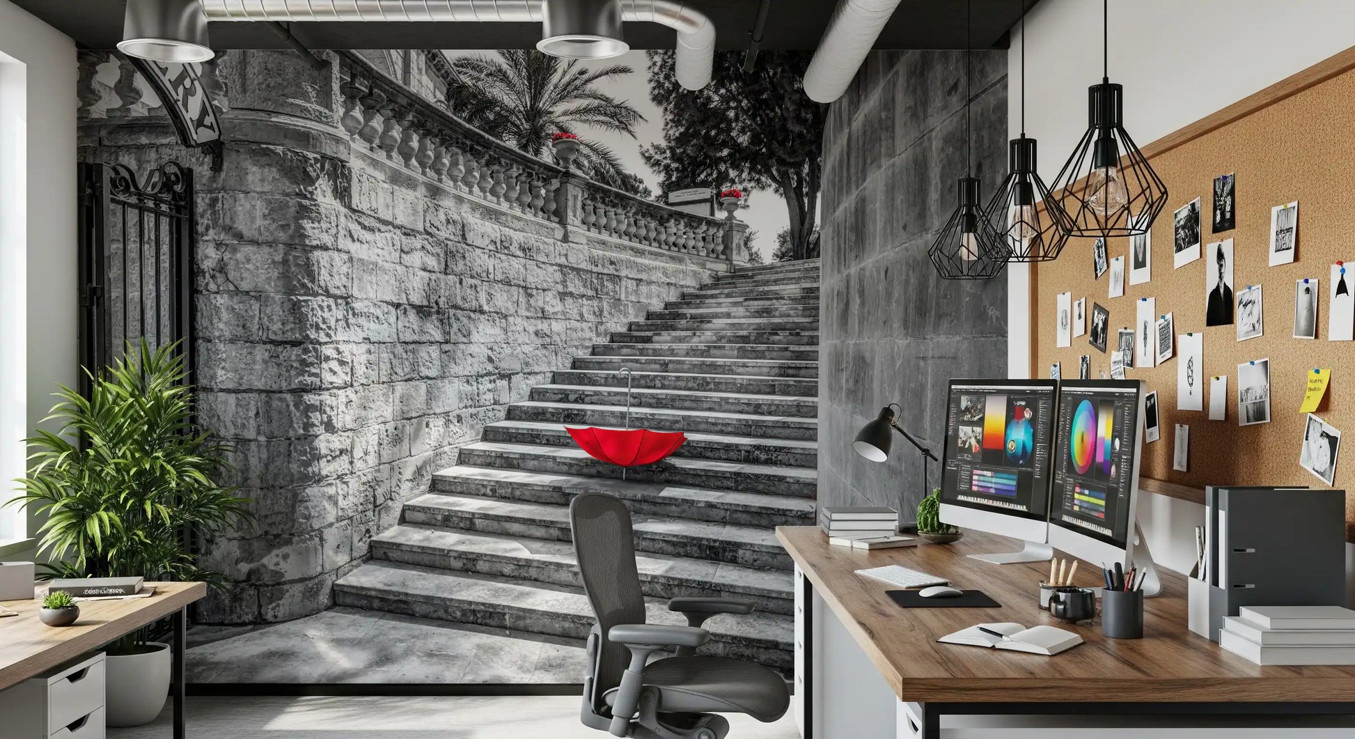 Monochromatic Staircase with Red Accents Wall Mural
