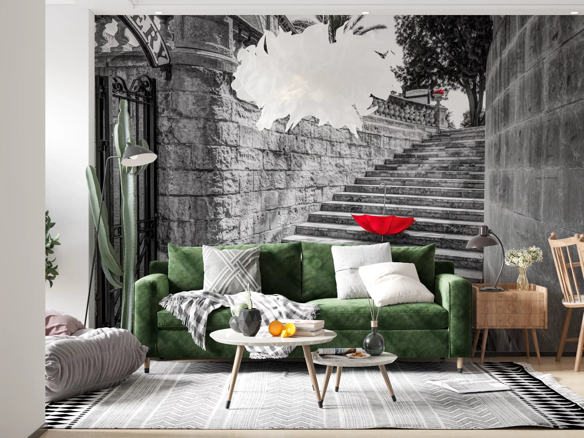 Monochromatic Staircase with Red Accents Wall Mural