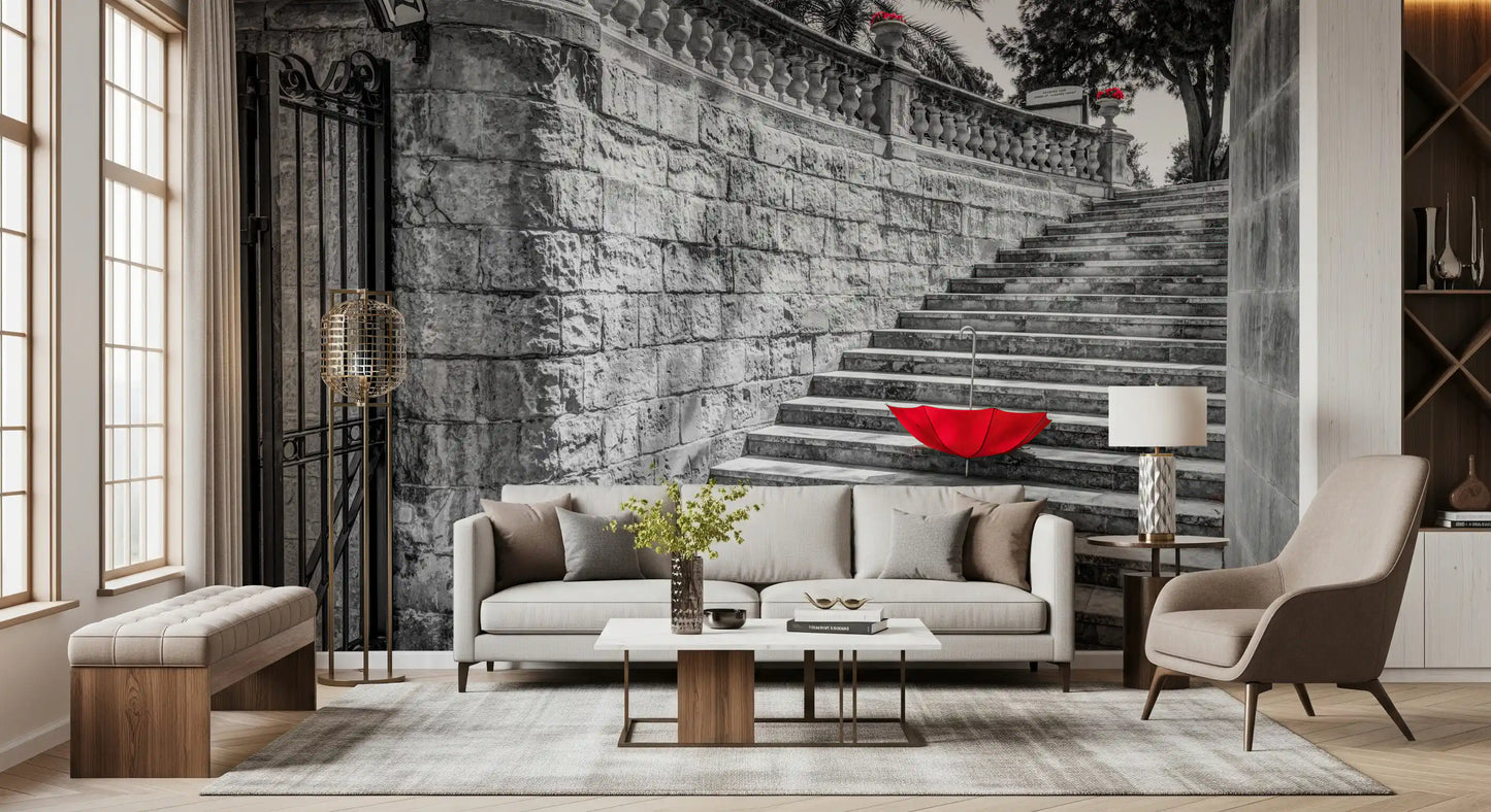 Monochromatic Staircase with Red Accents Wall Mural