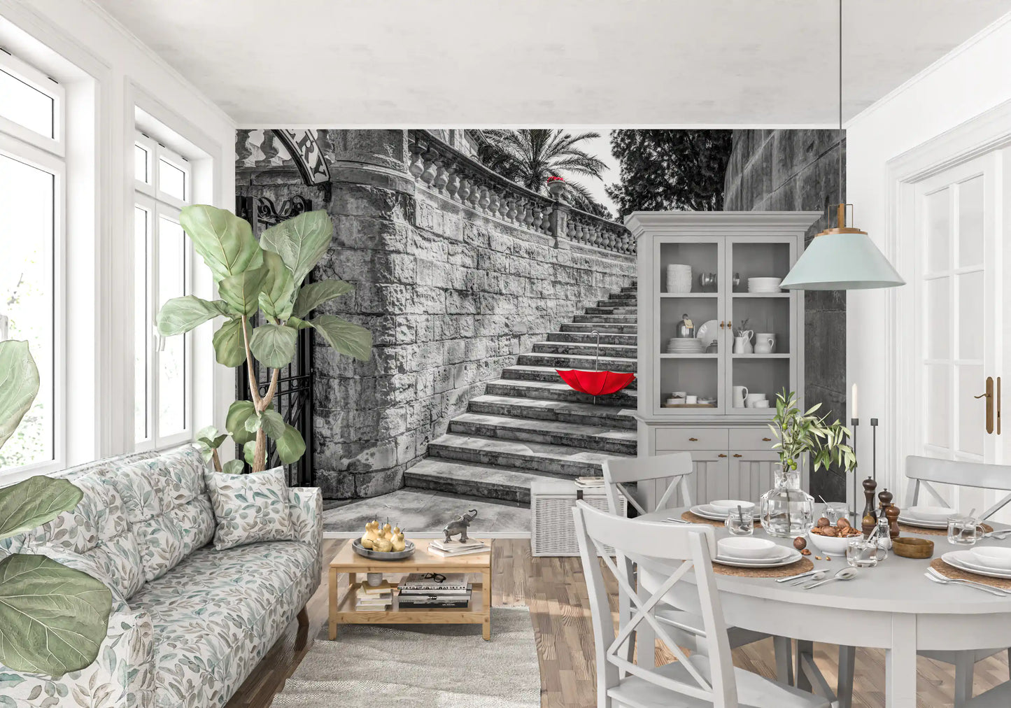 Monochromatic Staircase with Red Accents Wall Mural