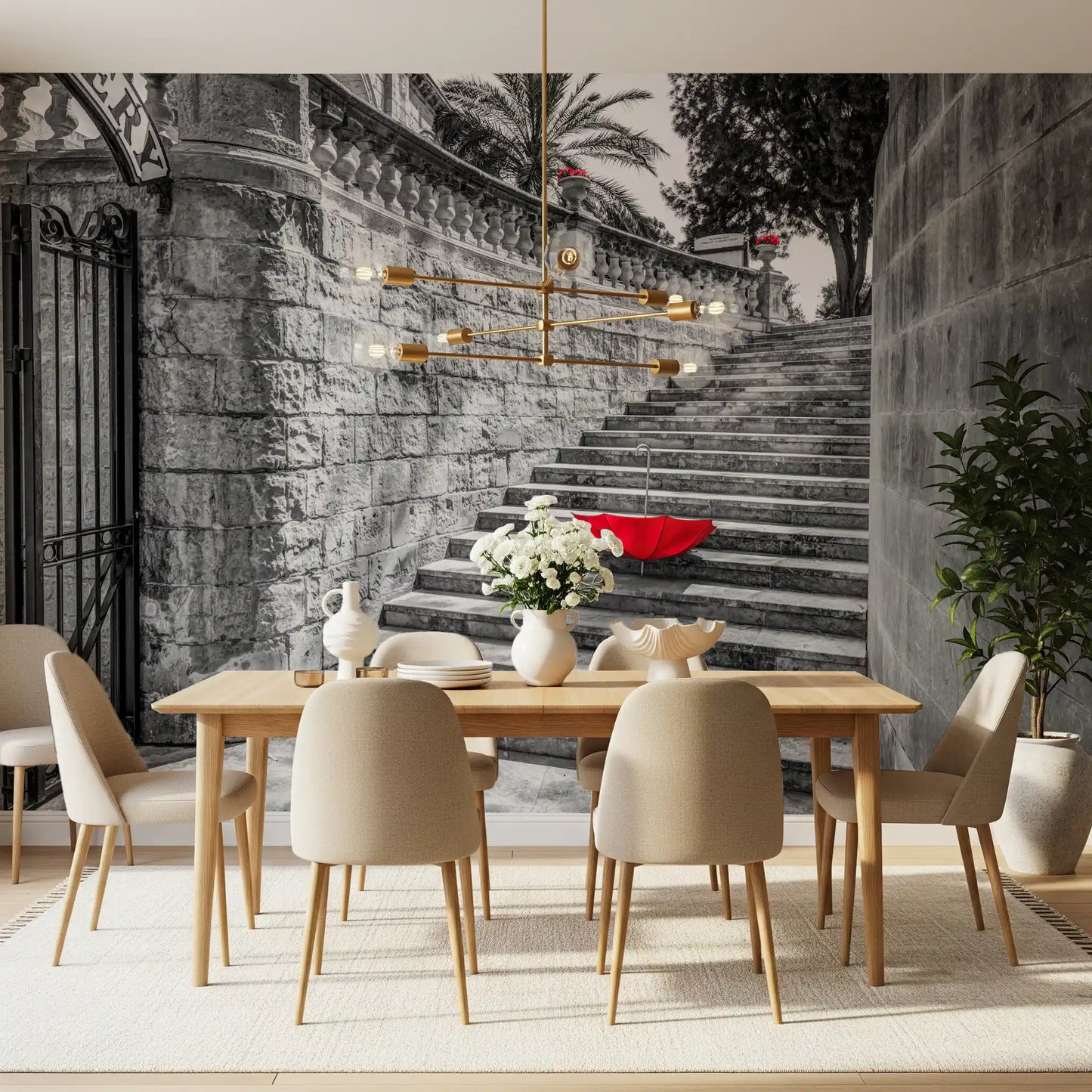 Monochromatic Staircase with Red Accents Wall Mural