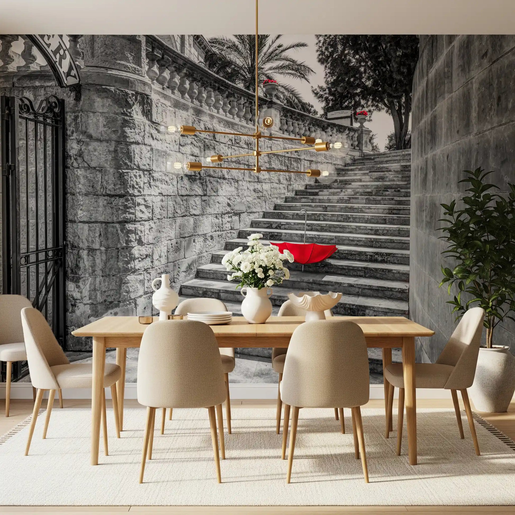 Monochromatic Staircase with Red Accents Wall Mural
